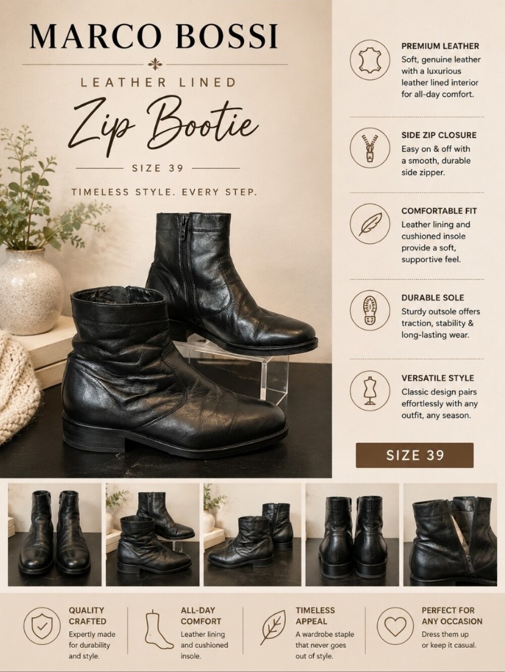 MARCO BOSSI 39 Leather lined Zip Bootie